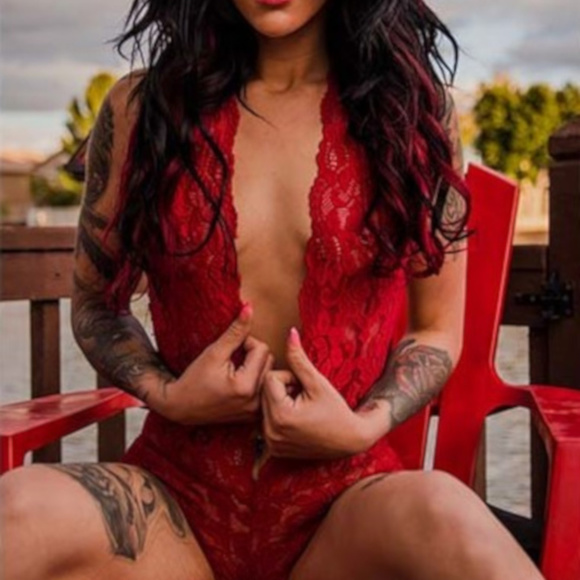 Edgy Couture Other - Red Lace Halter OnePiece Intimate Bodysuit Teddy